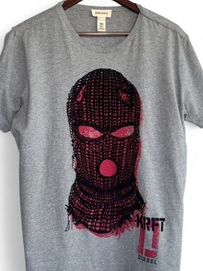 Diesel KRFT Balaklava Short Sleeve Cotton Linen T Shirt Heather Grey Small EUC